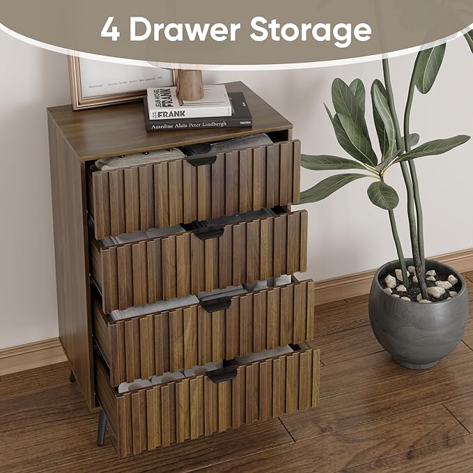 4 Drawer Dresser for Bedroom, Tall Fluted Dresser with Metal Feet, Wooden Storage Organizer Cabinet Chest of Drawer for Closet, Living Room, Hallway,Walnut