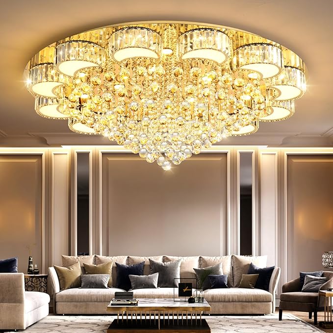 47'' Gold Modern Crystal Chandeliers for Dining Room LED Dimmable Light Fixtures Flush Mount Light Living Room Bedrooms