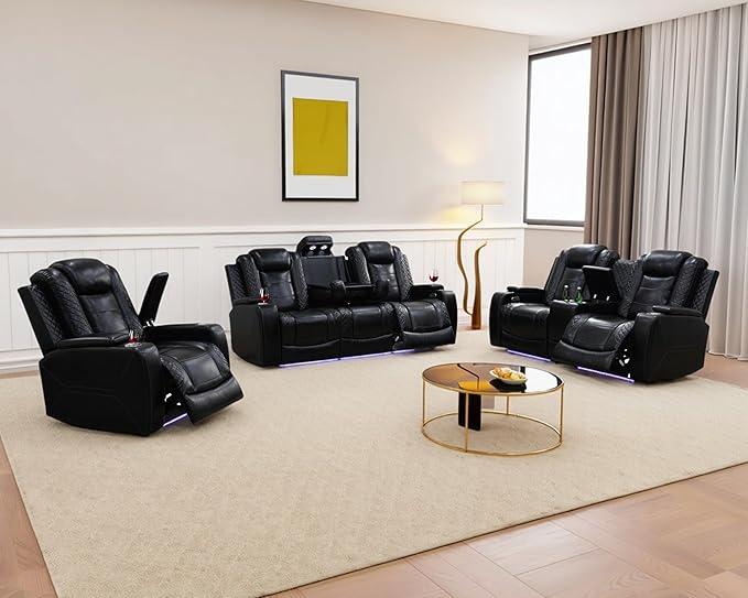 Leather Power Recliner Sofa Set with LED, Living Room Furniture Set, Leather Sofa Set with USB Port Storage Console Cup Holder for Office Living Room Home (All-Black Upgraded Version 8 Cup Holders)