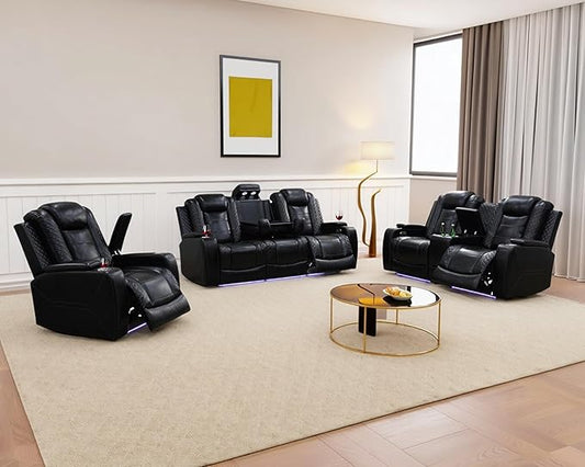 Leather Power Recliner Sofa Set with LED, Living Room Furniture Set, Leather Sofa Set with USB Port Storage Console Cup Holder for Office Living Room Home (All-Black Upgraded Version 8 Cup Holders)