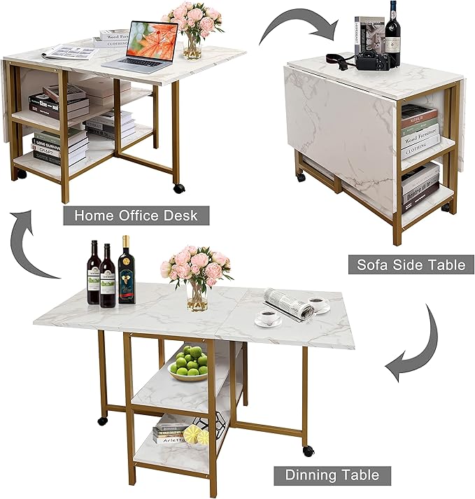 AT-VALY Folding Dining Table with 2 Storage Open Shelf,Drop Leaf Extension Dining Table,Top Folding 15.7" to 55.1" Kitchen Table (Gold)
