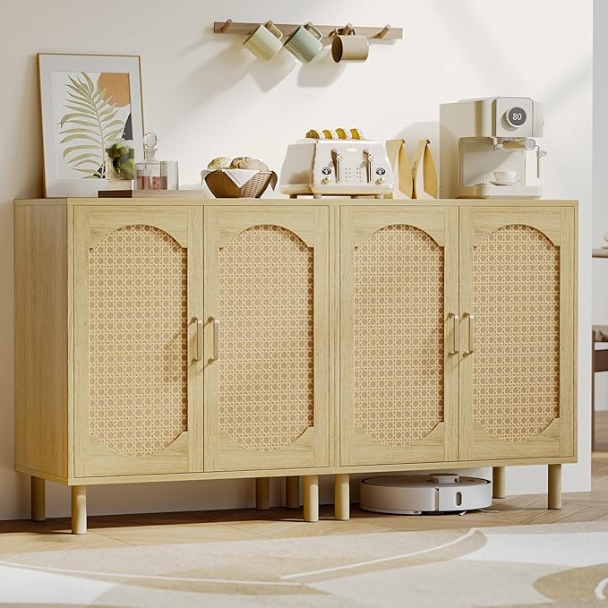 Buffet Cabinet with Storage, Imitation Rattan Arched Sideboard with Adjustable Shelves, Coffee Bar Cabinet for Kitchen, Living Room, Hallway, Entryway, Oak, 2 PCS
