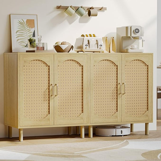 Buffet Cabinet with Storage, Imitation Rattan Arched Sideboard with Adjustable Shelves, Coffee Bar Cabinet for Kitchen, Living Room, Hallway, Entryway, Oak, 2 PCS