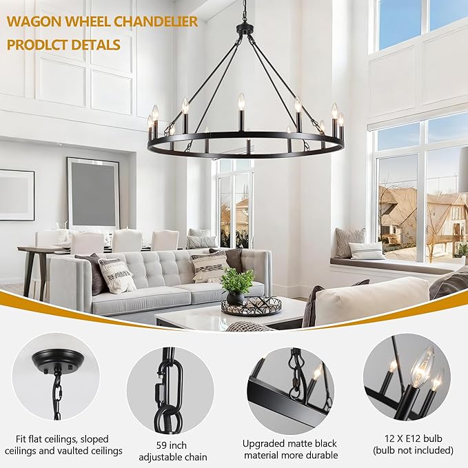 Black Wagon Wheel Chandelier 38 inch,12-Light Farmhouse Wagon Wheel Chandeliers Round Industrial Ceiling Rustic Country Light fixtures for Outdoor Porch high Ceilings Living Dining Room Foyer Entryway