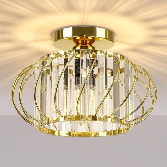 Gold Crystal Ceiling Light Fixture - Small Crystal Chandelier Semi Flush Mount Ceiling Light Modern Hallway Lights fixtures for Entryway Bedroom Porch Kitchen (11 Inch, Bulb not Included)