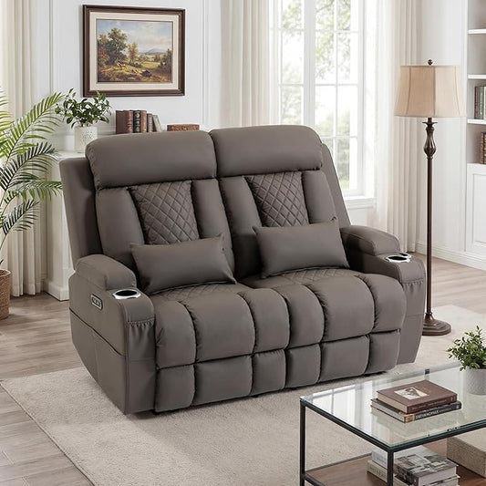 2-Piece Power Reclining Sofa Set, 3-Seater Sofa with Drop-Down Console & 2-Seater Loveseat, Zero Wall Hugger Electric Recliner Couch with Adjustable Headrest, AC Outlets (Brown, Loveseat)