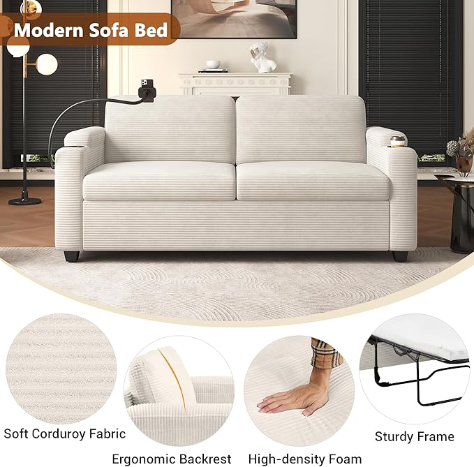 Merax Pull-Out Sleeper Sofa Bed with Full Size Mattress and Two Side Pockets, 3 in 1 Foton Couch with USB Ports | Phone & Cup Holders, Corduroy Loveseat for Living Room, Beige