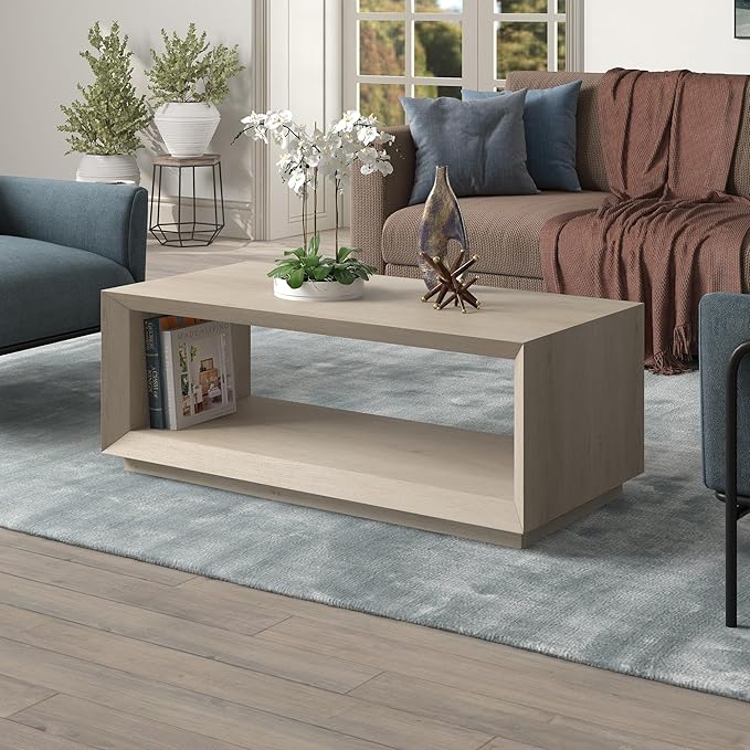 Henn&Hart 48" Rectangular Coffee Table with Open Storage Shelf for Living Room, Family Room, or Office, Beech White