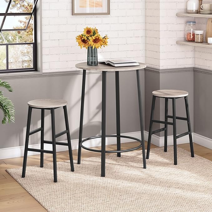 Bar Stools, Set of 2 Round Bar Chairs with Footrest, 24.4 Inch Kitchen Breakfast Bar Chairs, Industrial Bar Stools, Easy Assembly, for Dining Room, Kitchen, Greige BAHG0201Z (Pack of 3)
