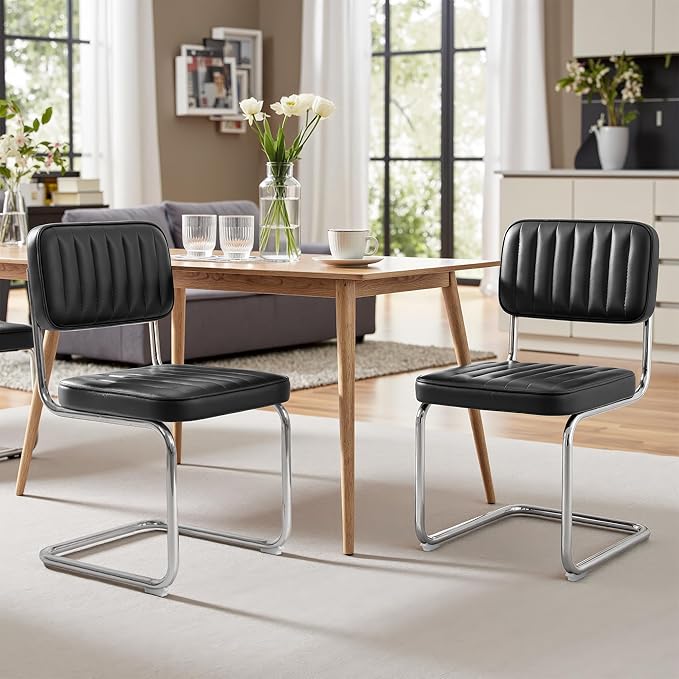 CangLong Faux Leather Dining Chairs Set of 2, Modern Upholstered Dining Room Chairs Armless Accent Chairs with Comfy Seat & Backrest, Black Metal Legs for Living Room, Cafe, Black