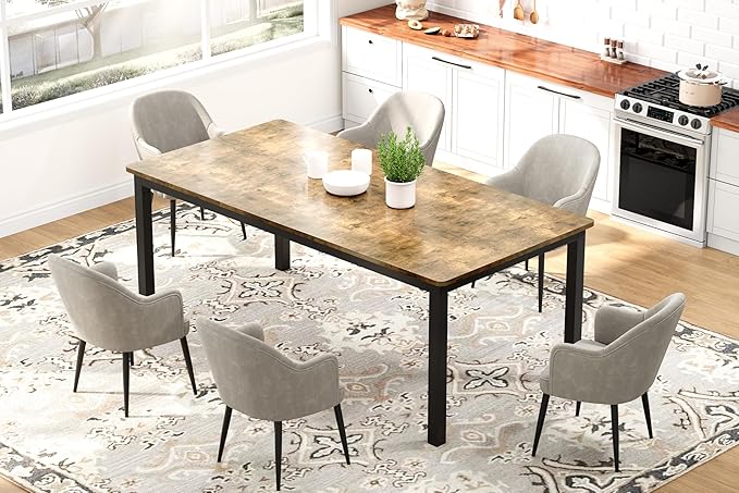 79 in Dining Table for 6, Farmhouse Wooden Kitchen Tables for Family, Rectangular Industrial Style Dining Room Table with Sturdy Metal Frame, Long Desk for Restaurant, Kitchen, Office,Retro Brown