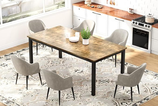79 in Dining Table for 6, Farmhouse Wooden Kitchen Tables for Family, Rectangular Industrial Style Dining Room Table with Sturdy Metal Frame, Long Desk for Restaurant, Kitchen, Office,Retro Brown
