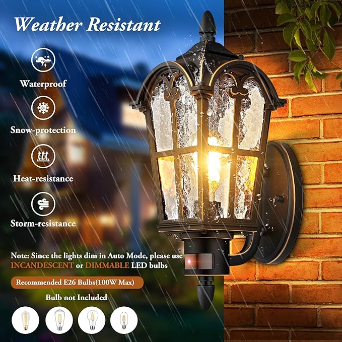 2-Pack Motion Sensor Outdoor Wall Lights, Dusk to Dawn Porch Lights Wall Mount, Exterior Light Fixtures Sconces Lighting, Black with Gold Trim Wall Lanterns Outside Lights for House Garage Front Door