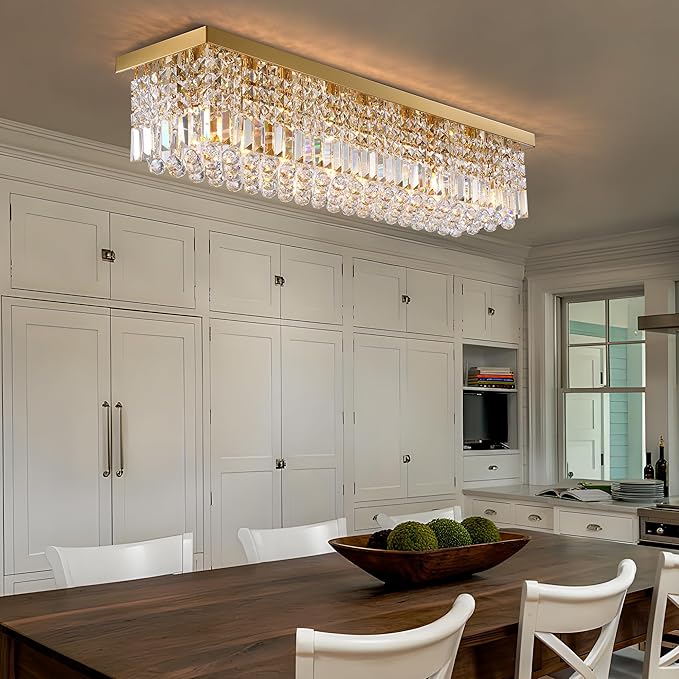 8-Light Gold Crystal Chandelier, Modern K9 Crystal Rectangle Chandelier for Dining Room Kitchen Island Hanging Pendant Light Fixture, L40 x W10 x H10