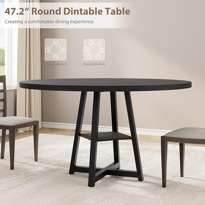 Garvee 47.2 in Round Dining Table for 4-6 People, Industrial Round Kitchen Table with Sturdy Metal Pedestal Base & Storage Shelf, Circle 4 Dinner Table for Dinner, Kitchen, Dining Room