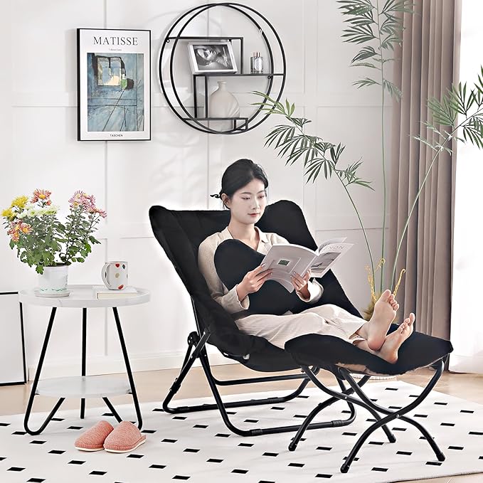 Comfy Saucer Chair with Ottoman, Oversized Folding Faux Fur Chair Soft Furry Lazy Chair with Metal Frame Moon Chair Accent Chair for Bedroom, Living Room, Dorm Rooms, Black