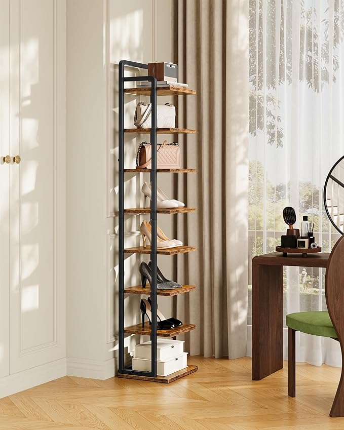 8-Tier Vertical Shoe Rack, Narrow Shoe Tower, Corner Shoe Storage Organizer, Shoe Shelf, for Small Spaces, Industrial Style, for Entryway, Hallway, Living Room, Rustic Brown and Black TXJ08BF