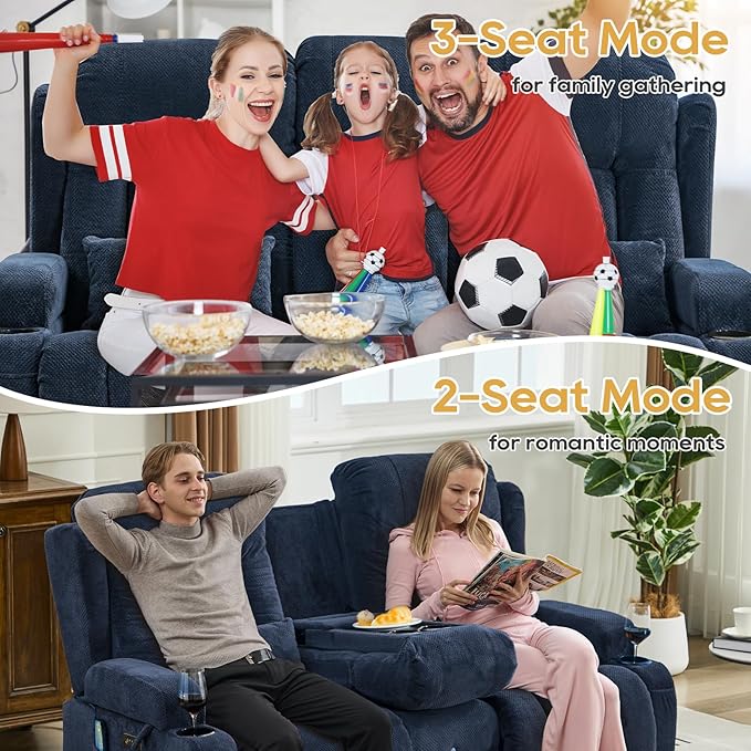 IPKIG Power Recliner Sofa with Flip-Up Backrest Console, USB & USB-C Ports, AC Outlet, LED Lights, Wall Hugger Recliners for Living Room, RV (Navy Blue, 67" - 3 Seat) | Velvet Fabric, Zero Gravity, Dual Reclining, 2 Lumabr Pillow, Bluetooth Speakers