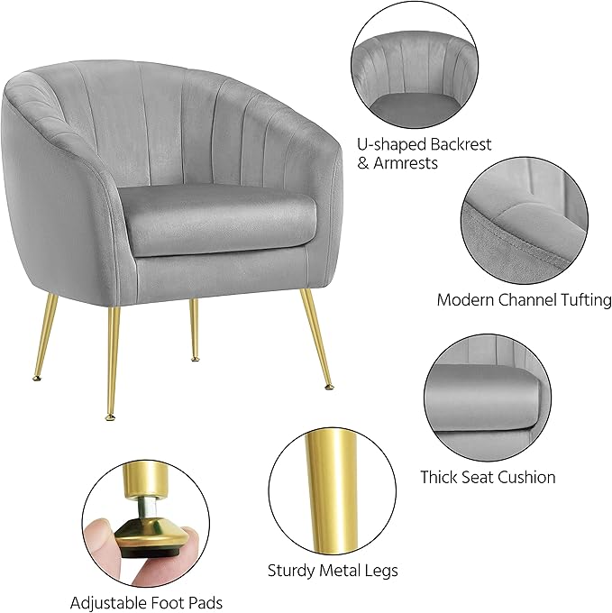 Yaheetech Modern Vanity Chair, Velvet Soft Accent Chair with Gold Metal Legs, Tufted Armchair Chaise Lounge for Living Room/Bedroom, Gray
