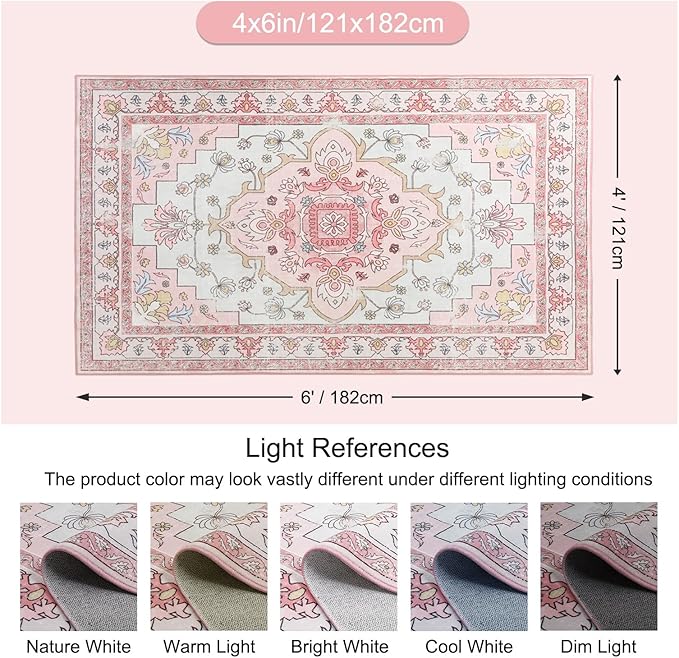 MOSISO 4x6 Area Rug for Living Room, Washable Area Rug, Non-Slip Vintage National Area Rugs, Low Pile Carpet, Faux Wool Rectangular Area Rugs Carpet for Living Room Bedroom Dining Room, Home, Pink