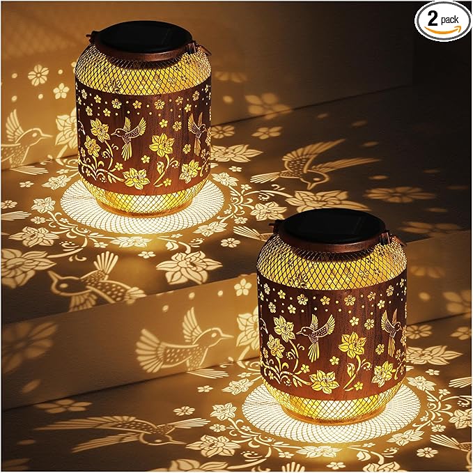 2 Pack Hummingbirds Solar Lanterns Outdoor Waterproof Garden Decor Birthday Gifts for Mom Women Grandma Metal Hanging Solar Lights Outdoor Decoration for Patio,Yard,Porch,Backyard
