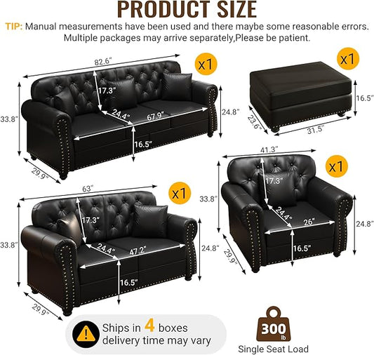 KEIKI 3-Piece Chesterfield Sofa Set with 1 Faux Leather 3-Seater Sofa & 1 Loveseat & 1 Single Sofa, 6-Seater Couch Set with Nailhead Trim & Rolled Arms & 1 Ottoman & 6 Pillow, for Living Room, Black