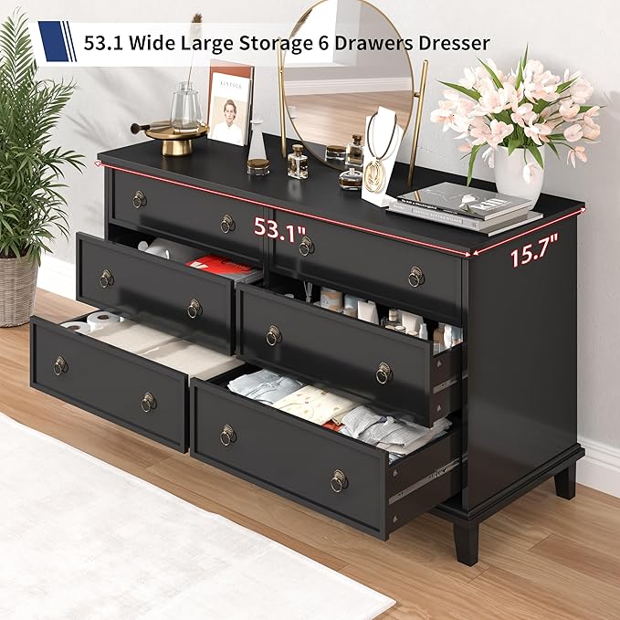 Black Dresser for Bedroom, 53.1'' Wide Chest of Drawers with 6 Drawers, Large Storage Wooden Dresser for Living Room, Entryway, Hallway