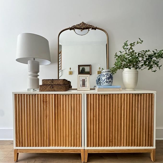 Nathan James Jasper Modern Sideboard, Kitchen Storage Cabinet with Fluted Doors, Accent Storage for Kitchen or Living Room, White/Warm Pine