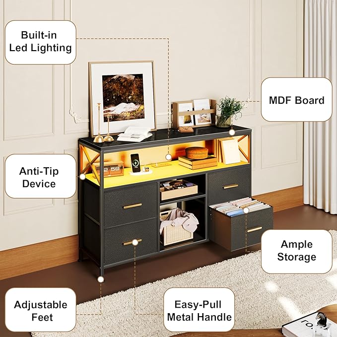 LED TV Stand for 55 inch TV, 47" Entertainment Center with 4 Fabric Drawers & Open Shelf, Brushed Gold Handle, TV Media Console Table for Living Room, Bedroom, Hallway, Black