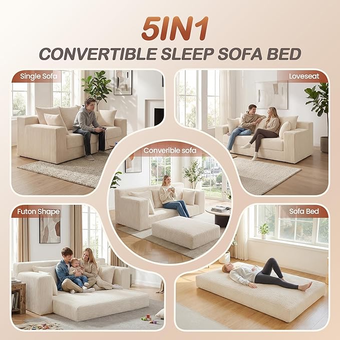 Convertible Sofa Bed, 5 in 1 Small Boneless Couch Pull Out Loveseat Sleeper Sofa,Corduroy Futon Couch Folding Mattress with 4 Pillows for Living Room (Beige, 3 Seater)