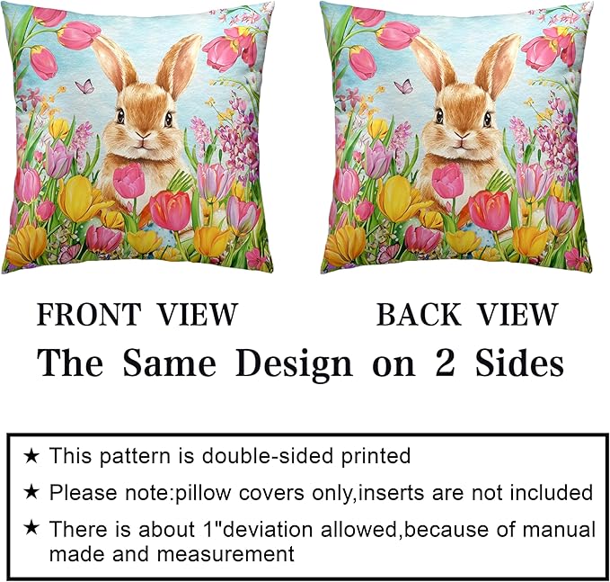 Easter Bunny Pillow Covers 16x16 Set of 2 Lovely Rabbit with Tulip Throw Pillow Covers Spring Pillow Case Floral Cotton Blend Cushion Case for Easter Decor Sofa Patio Garden