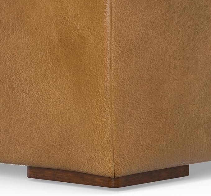 SIMPLIHOME Rex Ottoman - 34 inch Wide Upholstered Genuine Leather Square Ottoman in Sienna, Modern Bench for Living Room or Bedroom with High-Density Cushion, Assembled