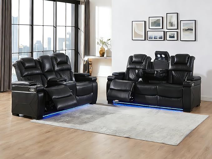 THSUPER Power Breathable Leather Reclining Sofa and Loveseat Set with 7-Color LED Light, Living Room Recliner Couch Set with Adjustable Headrest/Reading Light/USB Port/Bluetooth Speaker, Black