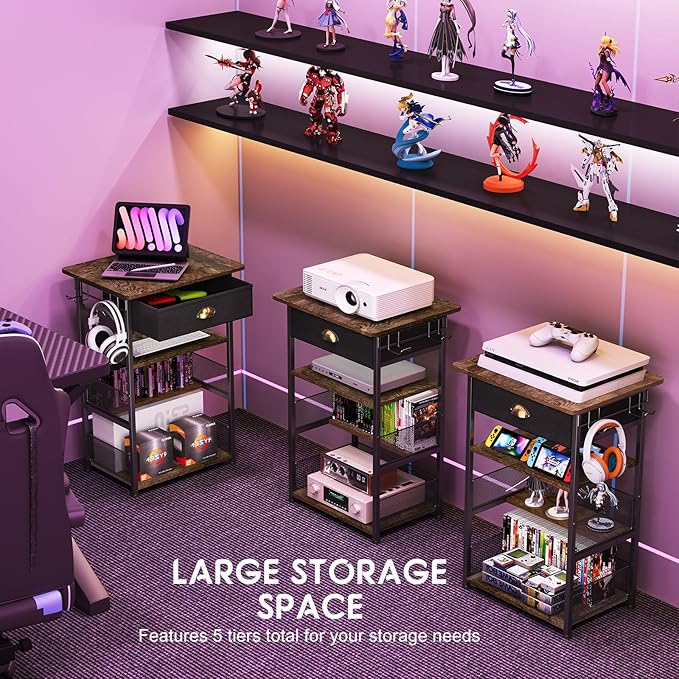 4-Tier AV Media Stand with Drawer, Video Game Console Shelf with 2 Hooks, Audio Rack Tower Perfect for/Xbox/ PS5/Switch/Game Consoles/DVD/Record Player/Projector/Sky Box/TV Accessories