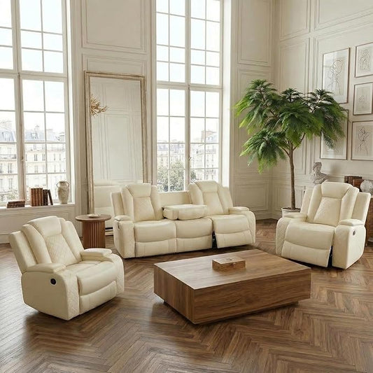 Power Recliner Sofa and 2 Chairs, Air Leather Reclining Set with LED/Cup Holders/Storage, 3 Pieces Reclining Living Room Furniture, Creamy White Leather Couches for House/Apartment/Office
