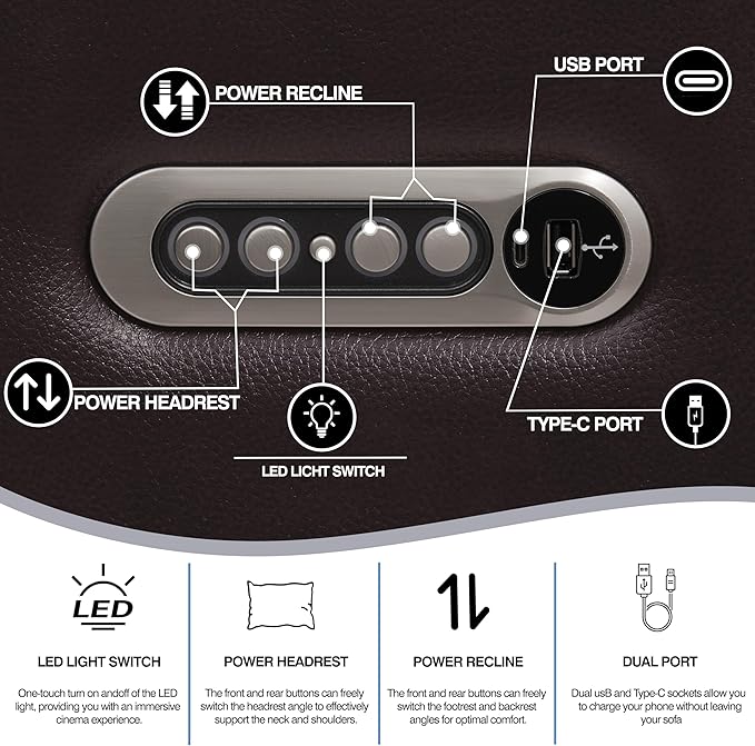 THSUPER Brown Leather Power Recliner Sofa Couch with Arm Storage and Power Headrest, Leather Living Room Reclining Couch with Cup Holders and Wireless Charging. | LED ambient light, Reading light, Hidden outlet, USB and Type-C port