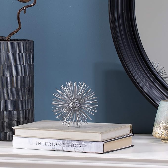 Torre & Tagus Spike Ball Silver Sphere Decor, Mid Century Modern Metal Silver Starburst for Home Decor On Shelf, Coffee Table, Wedding or Handmade Gift (4")