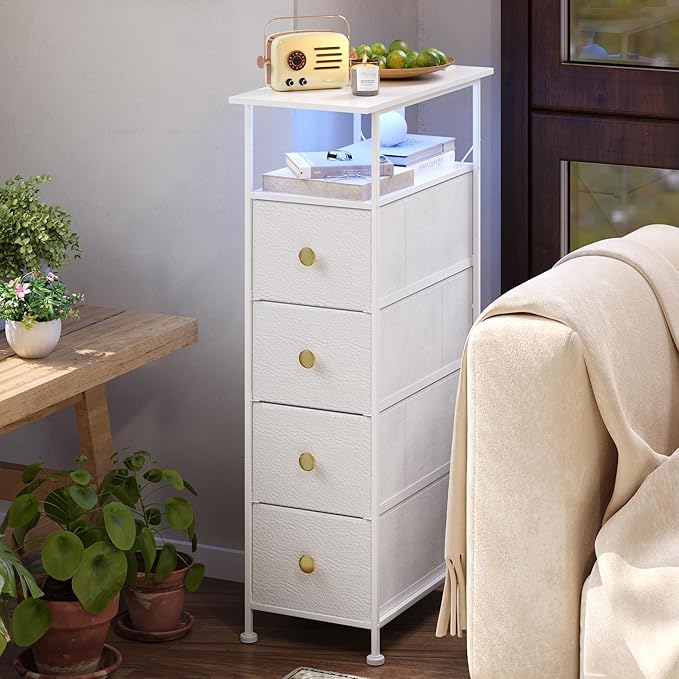 GiftGo Narrow Dresser with Charging Station LED Storage Tower with Fabric Chest of Drawers for Small Space Gap Open Shelf Skinny Dresser for Bedroom Closet, Bathroom (White, 4 Drawers)