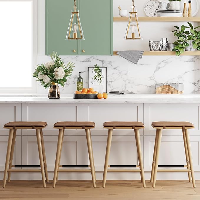 Nathan James Barker Classic Counter Height Wood Barstool with Leather Removable Cushion, Backless Island 24" Bar Stool for Kitchen, Chestnut Brown, Set of 4