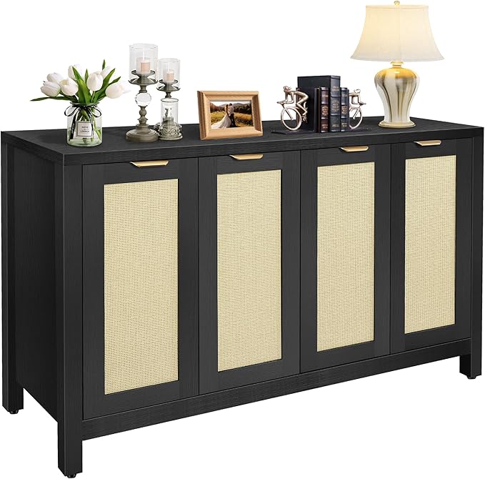 Rattan Sideboard Buffet Credenza Cabinet - Large Farmhouse Kitchen Coffee Bar Cabinet with 4 Rattan Door Storage for Entryway Living Room, 55" x 15" x 31.5" (Black)