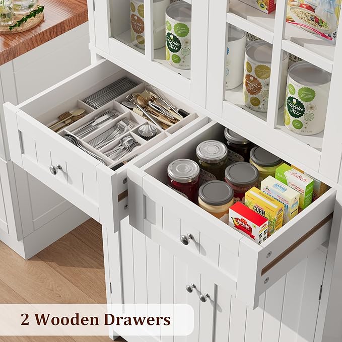 71" Tall Kitchen Pantry Storage Cabinet, Pantry Cabinet with Drawers and Glass Doors, Freestanding Kitchen Cupboard for Dining Room, Laundry, White