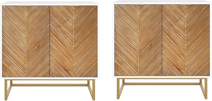 Nathan James Enloe Modern Storage Free Standing Accent Cabinet TV Stand with Doors in a Rustic Pine Wood Finish and Gold Metal Base for Hallway, Entryway or Living Room, Brown/White/Gold, Set of 2
