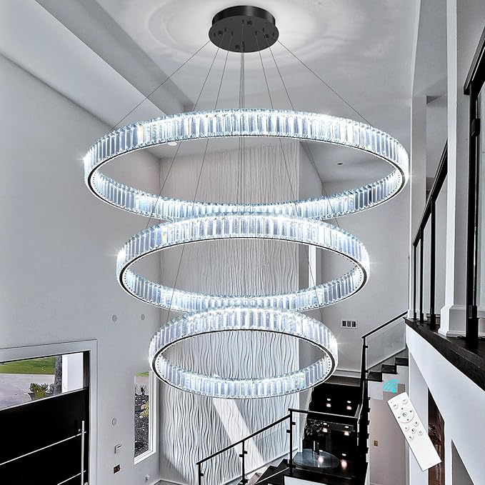 24''+32''+40'' Modern Ring Chandelier Crystal Chandeliers for Dining Room Round LED Dimmable Ceiling Light Fixture for Living Room Bedroom Lighting Black