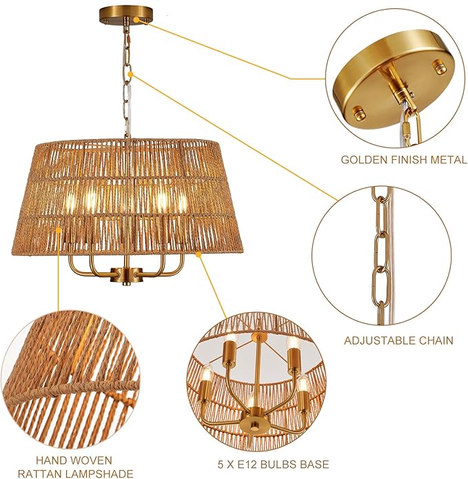 19.7" Boho Rattan Chandelier Vintage Farmhouse 5-Lights Hand-Woven Bamboo Golden Chandelier Light Fixture Retro Drum Wicker Gold Chandeliers for Dining Room, Kitchen, Living Room, Bedroom