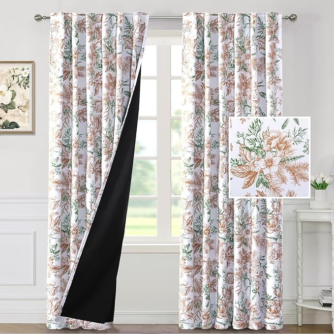 H.VERSAILTEX 100% Blackout Curtains 96 inch Length 2 Panels Set Vintage Floral Curtain Drapes Thermal Curtains for Bedroom with Black Liner Back Tab/Rod Pocket Curtains Sound Proof, Caramel and Moss
