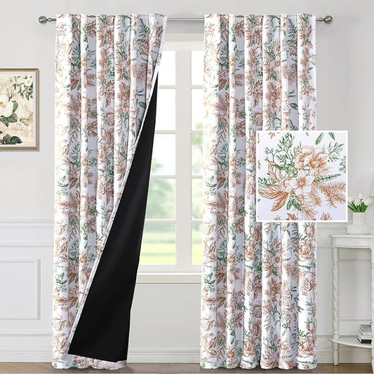 H.VERSAILTEX 100% Blackout Curtains 96 inch Length 2 Panels Set Vintage Floral Curtain Drapes Thermal Curtains for Bedroom with Black Liner Back Tab/Rod Pocket Curtains Sound Proof, Caramel and Moss