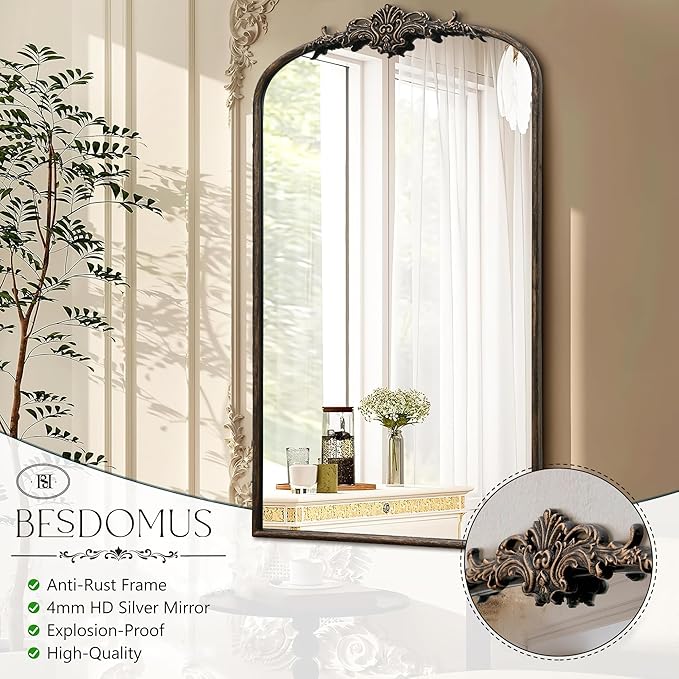 Besdomus Vintage Black Arched Mirror: 24"x42" Large Arch Black Antique Wall Mounted Mirror - Traditional Ornate Home Decor for Living Room/Entryway/Fireplace/Bathroom - Idea for Young Couples