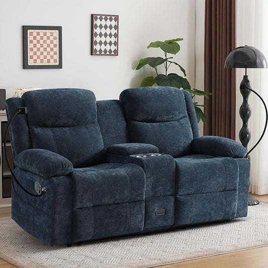 Loveseat Recliner Sofa, Manual Recliner Loveseat with Console, Modern Chenille Sofa Sleeper Deep Couches with Cell Phone Holder and Hidden Socket for Living Room/Office/Apartment (Blue) | Cup Holder, Side pocket