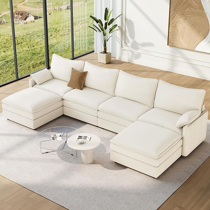 Vesgantti 142" U Shaped Sectional Couch, Comfy Cloud Modular Sectional Sofa with 2 Ottoman Deep Seat Chenille Modern Cloud Sofa, Modular Sofas for Living Room, Bedroom and Apartment, Snow White | Sink-in Comfort, Height Adjustable, Easy Rearrangement, ...