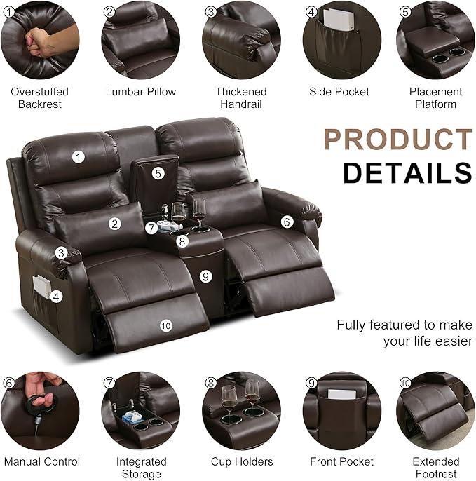 DRMBOOK RV Loveseat Recliner Sofa with Console, Faux Leather Double Wall Hugger Reclining Couch Manual Home Movie Seating 2 Person Recliner Chair with Cup Holders/Storage/Pocket/Lumbar Pillow, Brown